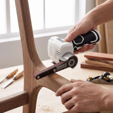 Using NoSweat 12V Cordless Detail Belt Sander on wood for precise sanding in tight spaces, showcasing brushless motor design.
