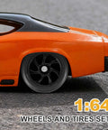 One Sixty Fourth Scale RC Diecast Car Wheels And Tires Set With Real Riders Ten Spoke Black Rims Axles Included displayed on car