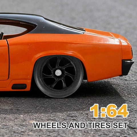 One Sixty Fourth Scale RC Diecast Car Wheels And Tires Set With Real Riders Ten Spoke Black Rims Axles Included displayed on car