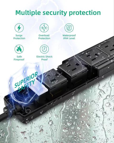 Weatherproof Outdoor Power Strip With Six Outlets Six Foot Extension Cord 1875W Surge Protector under water drops