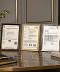 Artpad 47.24-Inch Modern Long Marble Dining Pendant Light, Suspension Lamp certificates displayed on a table.