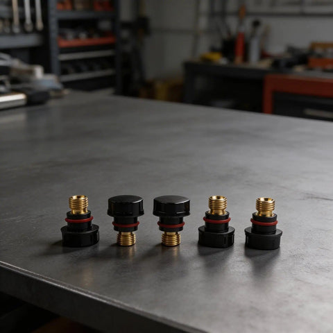Dope 15 PCS Tig Back Cap Kit Fits Wp 17 18 26 Torch With Brass Bakelite Rubber Covers on a workbench.