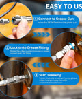 Installation guide for Heavy Duty 4 Jaw Quick Release Grease Gun Coupler showing quick connect steps on machinery fittings.