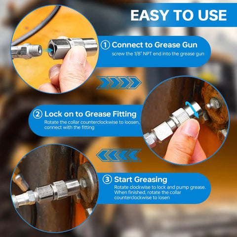 Installation guide for Heavy Duty 4 Jaw Quick Release Grease Gun Coupler showing quick connect steps on machinery fittings.