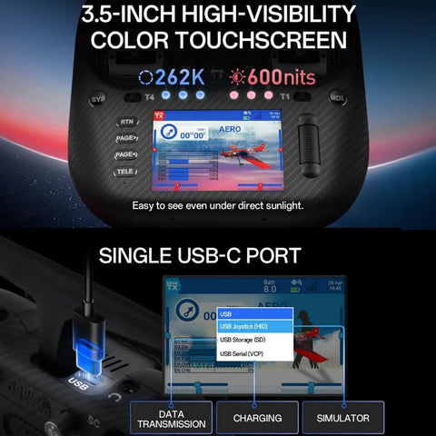 Elite 16 Channel ELRS Transmitter with 3.5-inch IPS touchscreen and single USB-C port shown with interface display