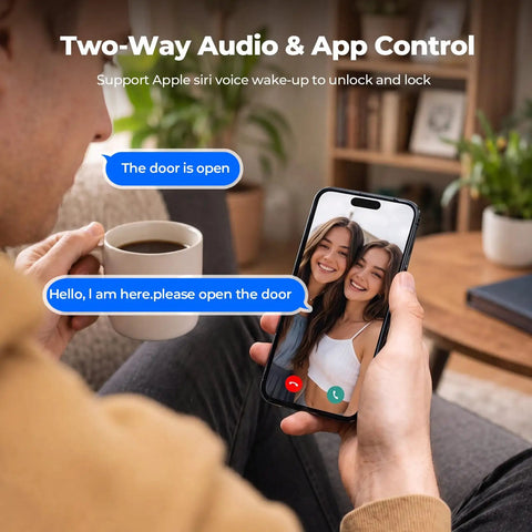 Video Smart Lock With Camera And Three In One Smart Deadbolt For Front Doors interacting via app for remote access.