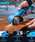 Heavy Duty Cordless Electric Box Cutter With Rechargeable 2000Mah Battery And Two Sharp Blades For Fast Cardboard Cutting Easy On The Hands And Great For Moving Day Or Warehouse Shipping Tasks used to cut brown material with LED light.