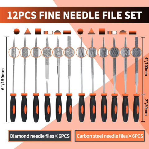 12 precision needle files from 31 Piece Metal File Set With 4 Eight Inch Metal Files And 12 Precision Needle Files Riffler File 12 Sandpaper Sheets Steel Brush Work Gloves And Tool Bag Ideal For Metal And Woodworking Projects