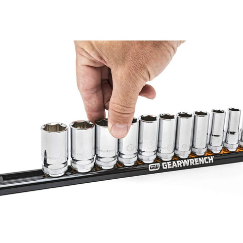 Hand using Three Eighths Inch Drive Magnetic Socket Rail With Fourteen Clips Aluminum Frame Ball Bearing Retention Rotating Clips