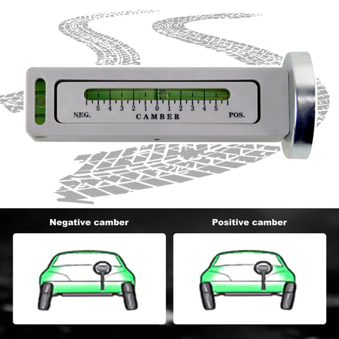 Universal Magnetic Camber Gauge For Dead Center Alignment and Sick Ride Stance Featuring Ballistic Magnet Grip on Cast Hubs for No Sweat Track Prep and Street Ready Driving; level bubble and camber scale