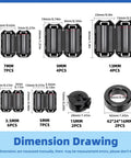 Dimension drawing of Black Clip-On Ferrite Ring Core Set with 28 cable clips in 3.5/5/7/9/13 mm, including toroid and ferrite cores