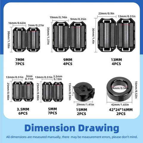 Dimension drawing of Black Clip-On Ferrite Ring Core Set with 28 cable clips in 3.5/5/7/9/13 mm, including toroid and ferrite cores