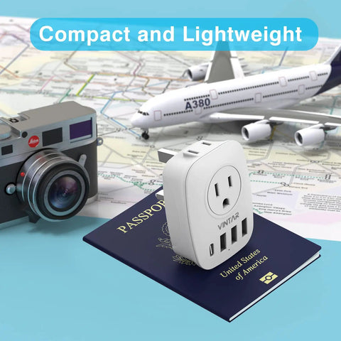 2 Pack US To UK Ireland Travel Plug Adapter Type G With 2 Outlets 3 USB Ports And 1 USB C 6 In 1 International Power Adapter shown on passport