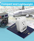 Six In One UK Travel Plug Adapter For US To UK Use Must Have Power Hub on passport with map, camera, and plane model