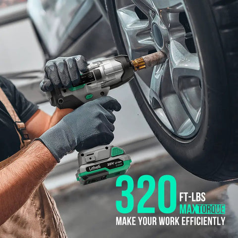 Compact Cordless One Half Inch Impact Wrench With 320 Foot Pounds Max Torque, 20V Tool Kit in use on car wheel