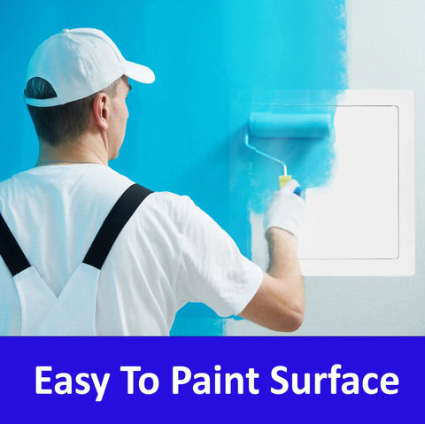 Man painting wall with roller next to Heavy Duty 10x10 Inch Flush Access Panel 15 Gauge Galvanized Steel Screwdriver Latch.