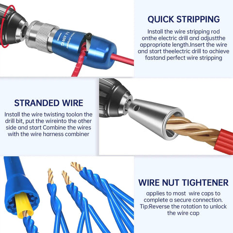 Drill Wire Stripper Twister Tool 2025 Upgraded Wire Stripping And Twisting Connector For 6 To 14 AWG, showing usage steps