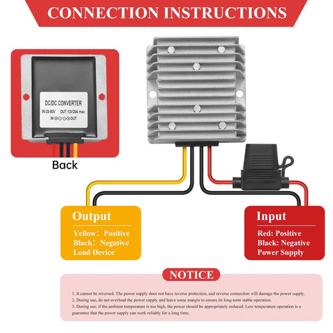Connection instructions for Beefy 240W DC-DC Buck Converter From 20 to 90V Down To 12V 20A Waterproof Power Supply