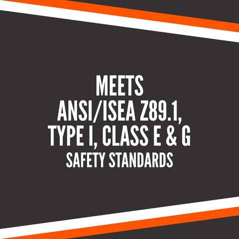 Cap Style Construction Hard Hat With Four Point Suspension Built Tough For Work OSHA And ANSI Z89 Compliant text on dark background