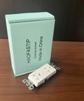 Top Shelf Modern Wall Socket With Two Openings Heavy Duty Electrical Receptacle Plug rated for Twenty Amps next to its packaging.