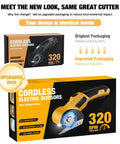 Powerful 4V Cordless Electric Scissors Cardboard Cutter With Safety Lock And LED Light For Boxes Carpet Plastic And Fabric Rechargeable USB Charge Heavy Duty DIY Tool In Yellow box packaging view