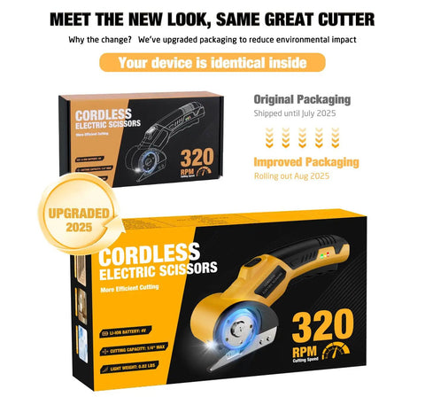 Powerful 4V Cordless Electric Scissors Cardboard Cutter With Safety Lock And LED Light For Boxes Carpet Plastic And Fabric Rechargeable USB Charge Heavy Duty DIY Tool In Yellow box packaging view