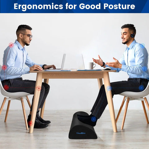 Two men seated at a table using an Under Desk Foot Rest With Soft Foam And Washable Removable Cover For Home Office And Car Use, Ergonomic Foot Stool To Keep Your Arches Supported, Improve Posture, Boost Circulation, And Help Ankles Relax While Seated.