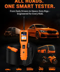All In One Power Circuit Probe Kit For Cars And Trucks 12V 24V Automotive Circuit Tester With Digital Multimeter Short Finder AC DC Voltage Tester Diode And Resistance Meter Current Probe Activation 20 Ft Cable Pair shown with vehicles in background.
