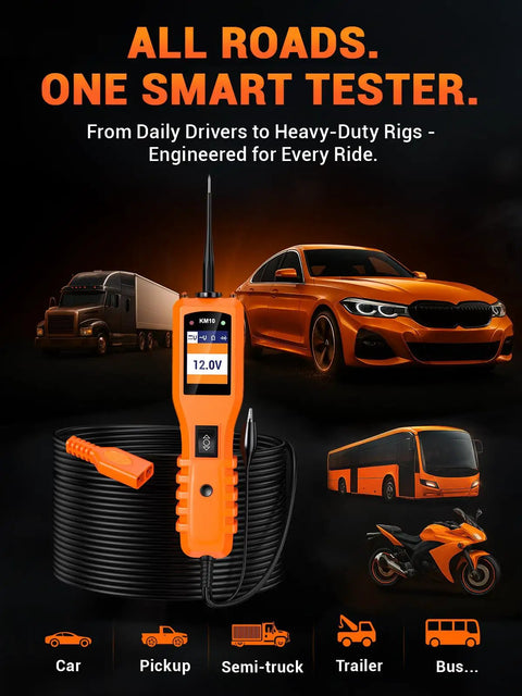All In One Power Circuit Probe Kit For Cars And Trucks 12V 24V Automotive Circuit Tester With Digital Multimeter Short Finder AC DC Voltage Tester Diode And Resistance Meter Current Probe Activation 20 Ft Cable Pair shown with vehicles in background.