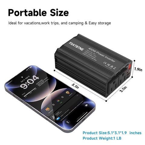 Beast Mode 400W Car Power Inverter Dc 12V To 110V Ac Adapter shown beside smartphone for size reference, compact black design.