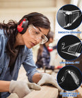 Woman wearing Clear Safety Glasses Over Eyeglasses 12 Pack Anti Fog Scratch Resistant Eyewear in workshop setting