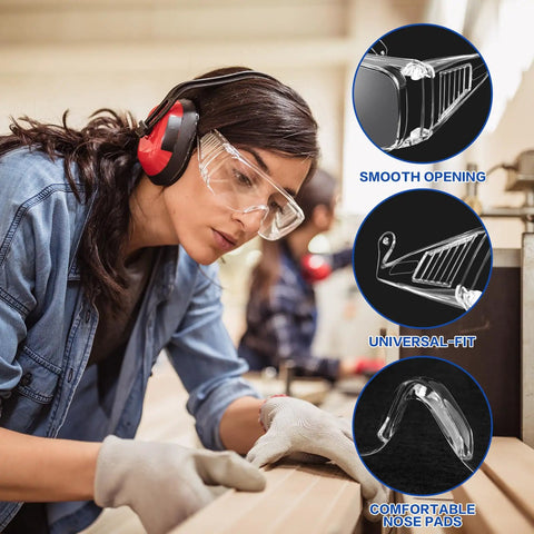 Woman wearing Clear Safety Glasses Over Eyeglasses 12 Pack Anti Fog Scratch Resistant Eyewear in workshop setting