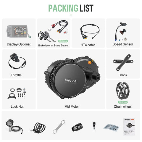 Mid Drive Ebike Motor Kit With CAN Bus Power, 1000W Or 750W, parts list including LCD, throttle, chain wheel, and speed sensor.