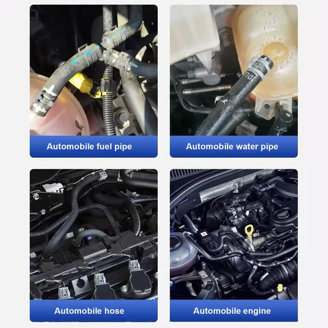 Collage of automobile fuel pipe, water pipe, hose, and engine compartments with visible hoses and clamps.