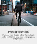 Man biking in urban setting wearing a Sustainable Laptop Backpack Engineered For 16 Inch Devices, showcasing water-resistant features.