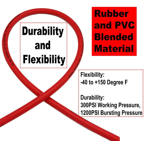 Hybrid Air Hose Three Eighths Inch By Twenty Five Feet 300 PSI Beefy Heavy Duty Lightweight And Kink Resistant with red rubber and PVC