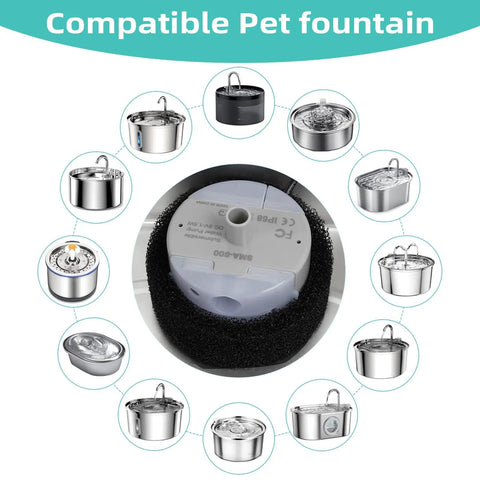 Ultra-Quiet Replacement Pump For Stainless Steel Cat Water Fountains With SMA-800 Motor shown with compatible fountain models