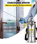 2-Gallon Stainless Steel Hand Pump Sprayer With 20-Inch Wand And 3-Foot Reinforced Hose in use by person near window.