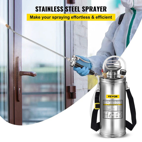 2-Gallon Stainless Steel Hand Pump Sprayer With 20-Inch Wand And 3-Foot Reinforced Hose in use by person near window.