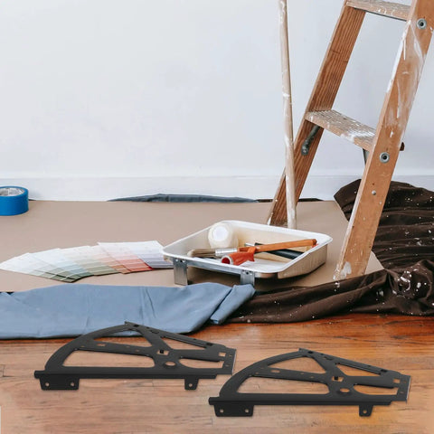 Flip Frame Cabinet Hinges Black Iron Shoe Rack Parts on a wooden floor near painting supplies and a ladder