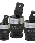 Beefed Up Slim Impact Universal Joint Set with 1/2, 3/8, and 1/4 inch socket swivels for narrow spaces, chrome molybdenum steel.