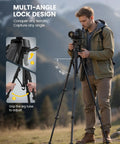 Man using Go To Camera Tripod With Rapid Leg Deployment For DSLR, iPhone And GoPro, 67 Inch Adjustable Stand outdoors