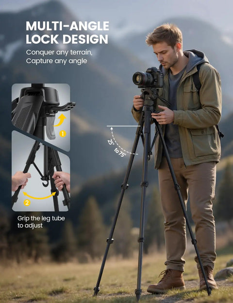 Man using Go To Camera Tripod With Rapid Leg Deployment For DSLR, iPhone And GoPro, 67 Inch Adjustable Stand outdoors