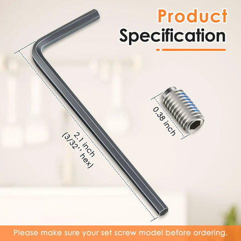 Product specifications for Heavy Duty Set Screw Kit For Quick Faucet Handle Fixes showing a hex wrench and set screw size.
