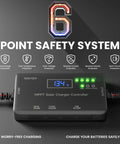 Front view of 12V 10A Solar Charge Controller MPPT with Type-C and USB output featuring 6-point safety system graphics.