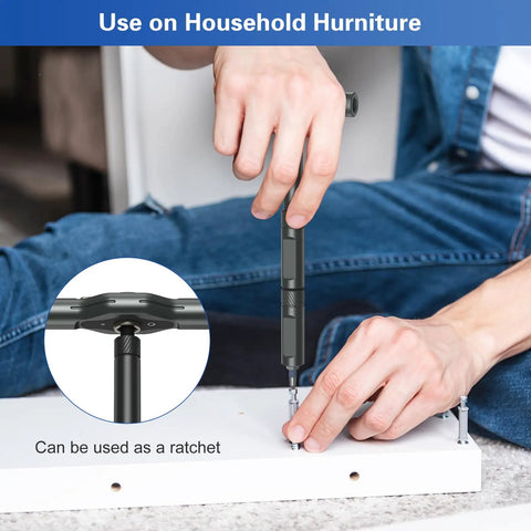 Person using 42 In 1 Magnetic Screwdriver Set With Detachable Ratchet Handle on furniture, portable compact tool kit in use