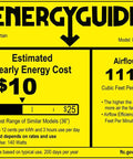 36 Inch Slim Indoor Air Curtain FM-1209T Delivers 1100 CFM Of Power With Quiet Operation, EnergyGuide label showing 1112 CFM airflow and $10 yearly cost.