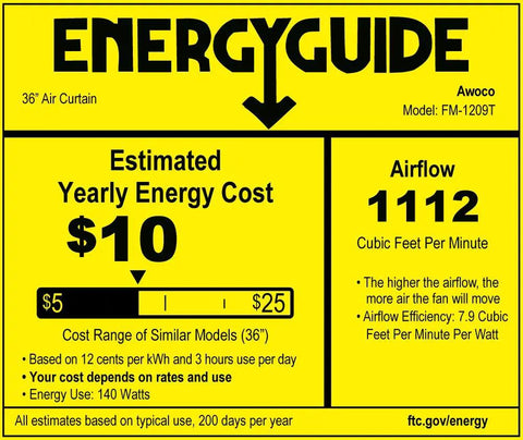 36 Inch Slim Indoor Air Curtain FM-1209T Delivers 1100 CFM Of Power With Quiet Operation, EnergyGuide label showing 1112 CFM airflow and $10 yearly cost.