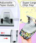2 Hole Punch for Paper, Adjustable Heavy Duty Metal Hole Puncher With Locking Handle, 30 Sheet Capacity, showing adjustable guides