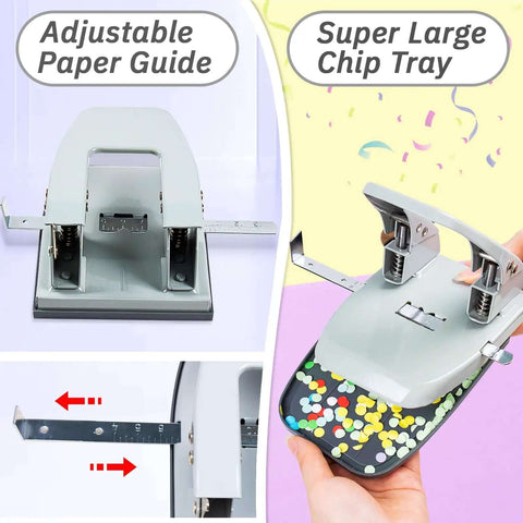 2 Hole Punch for Paper, Adjustable Heavy Duty Metal Hole Puncher With Locking Handle, 30 Sheet Capacity, showing adjustable guides